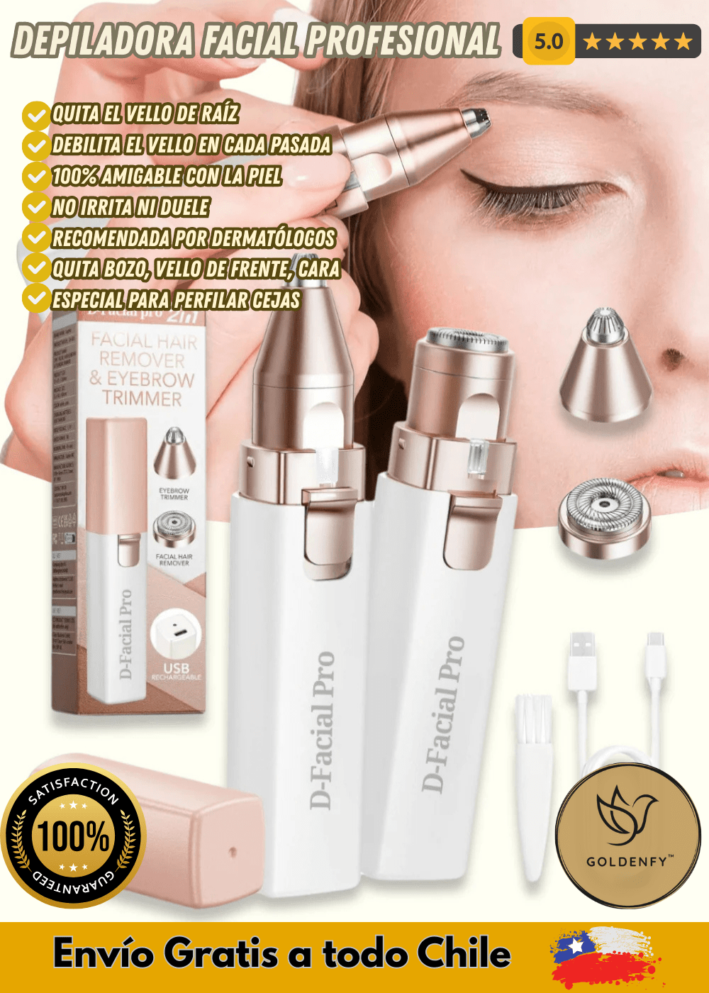 D - Facial™ Depiladora Facial y Cejas Profesional - Goldenfy Chile
