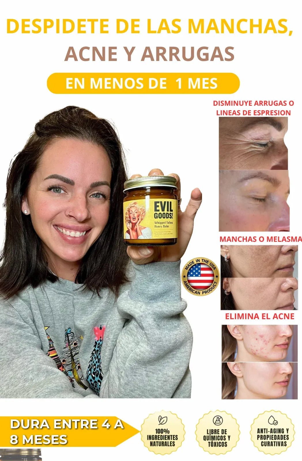 Evil Goods! Crema Facial Orgánica de Sebo de Res con Miel de Manuka - Elimina Acné y la Irritación - Goldenfy Chile